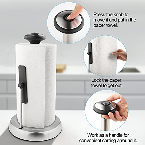 Paper Towel Holder Countertop,Heavier Base(2.65 Lbs) Stainless Steel Kitchen Paper Towel Holder Stand,Brushed Nickel Easy Tearing Paper Towel Dispenser Fit Most Size Paper Roll,V2(Sliver) #TOP4