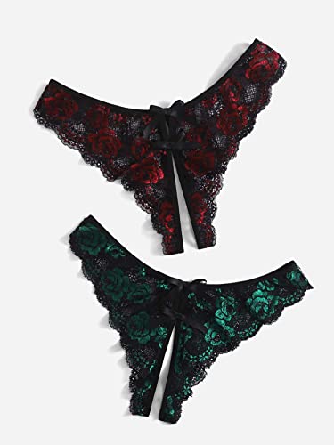 Floerns Women's Plus Size 2 Pack Lace Seamless V-Strings Thong Panties Set Red And Green 1Xl #TOP4