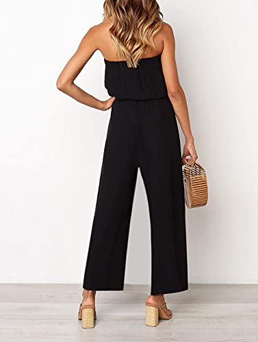 Zesica Women's 2023 Casual Off Shoulder Solid Color Strapless Belted Wide Leg Jumpsuit Romper,Black,Medium #TOP3