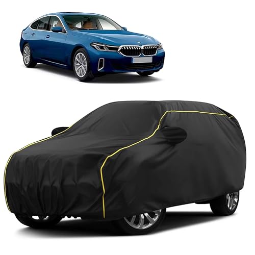 Image of Sulfar 100% Water Resistant Car Body Cover Compatible with Mirror for BMW 6GT (Triple Stitched, Full Bottom Elastic, Black Taffeta with Yellow Piping)