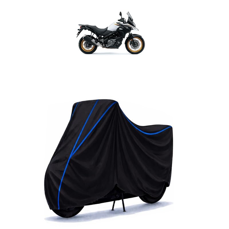 Image of Suzuki V-Strom 650XT Bike Cover Water Resistant Universal Motorcycle Rain | Heavy Duty UV Protection, Dust, Scratch Indoor Outdoor All Weather with Black Blue Piping Elastic