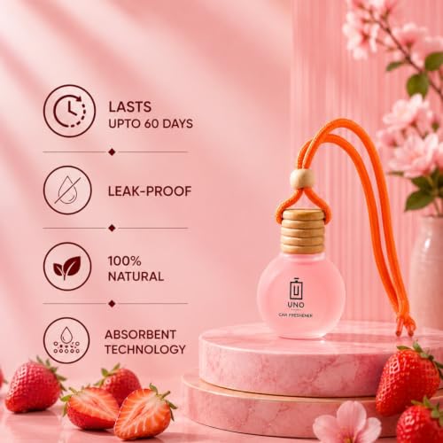 Image of UNO AROMA Strawberry Car Air Freshener, 15ml, Long Lasting Hanging car perfume, Toxin-Free Oil in Glass Bottle with Wooden Diffuser, Car Accessories for fresh aroma, Last Upto-60 Days