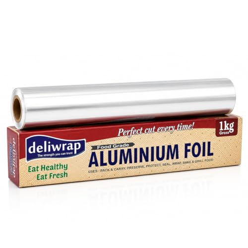 Image of Deliwrap Aluminum Silver Foil - 1Kg | 18 Micron Thickness Food Grade Safe Food Wrapping Aluminum Foil | Lunch Packing for Home, School, Office & Hotels | Kitchen Paper Roll | Pack of-1