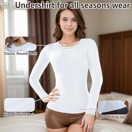 +MD Womens Long Sleeve Undershirts Tops, Bamboo Round Neck Slim Fit Baselayer, Soft Thermal Underwear, Light Compression4