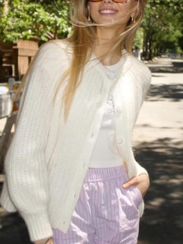 Image of Women's Casual Puff Long Sleeve Crew Neck Cardigan Button Down Open Front Knit Loose Sweater Outwear
