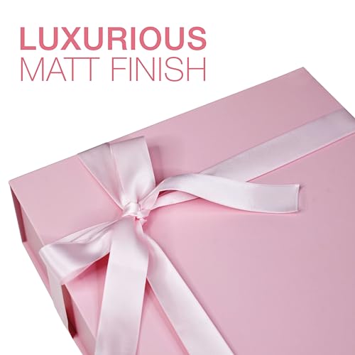 Image of RBS - Medium Cardboard Boxes for Packaging, 2.5m Ribbon (1 Pack) Hamper Boxes for Gift Empty (26 x 26 x 8cm) Gift Box Empty Gift Hamper Box Reusable Valentine Gift Boxes for Presents (Pink)