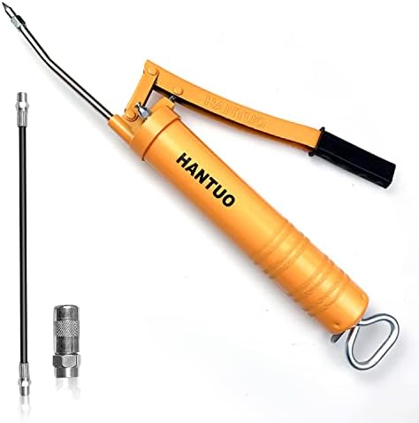 HANTUO Grease Gun, 8000 PSI Heavy Duty Lever Action Grease Gun kit, 14 OZ or 400CC Bulk Grease- Includes 12" Flex Hose, 1 Metal Extension Tubes,1 Reinforced Standard Coupler and 1 Sharp Type Nozzle