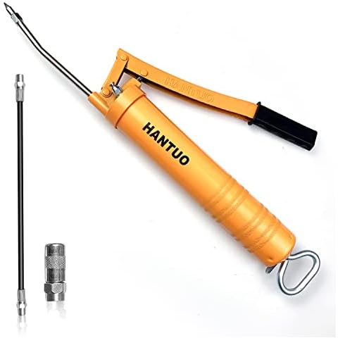 HANTUO Grease Gun, 8000 PSI Heavy Duty Lever Action Grease Gun kit, 14 OZ or 400CC Bulk Grease- Includes 12" Flex Hose, 1 Metal Extension Tubes,1 Reinforced Standard Coupler and 1 Sharp Type Nozzle Cover