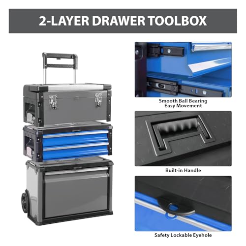 Big RED Portable + Stackable Rolling Tool Box: Metal Toolbox and Separate Rolling Upright Trolley Tool Chest with Wheels, 2 Drawers for Garage/Workshop by BIG RED - Image 5