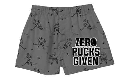 BRIEF INSANITY Boxers for Men and Women | Unisex Winter Sport Hockey Print Boxer Shorts - Comfortable Loose Fit Underwear (Zero Pucks Given, Large)