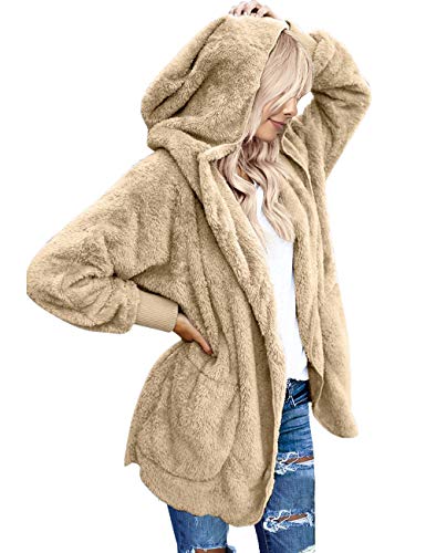 Vetinee Women's Faux Fur Coat Hooded Cardigan Fuzzy Fleece Long Jacket Outerwear Apricot Size L