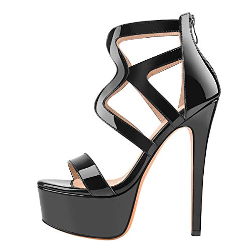 richealnini Women's Sexy Platform Stiletto High Heel Ankle Strap Wrap Strappy Sandals with Zipper Crisscross Peep Toe Slim Super High Heeled Party Pumps Shoes Black Size 15