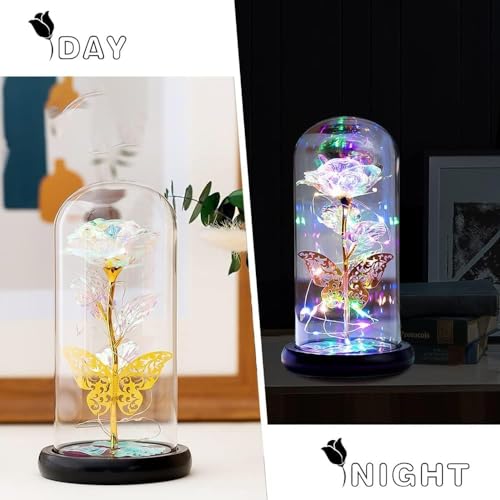 Image of LED Rose Flower in Glass Dome with Butterfly, Romantic Night Light Decorative Lamp, Valentine Gift for Her Mom Wife, Anniversary Birthday Gift, Home Decor Table Light