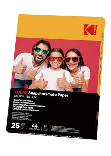KODAK - Papel fotográfico instantáneo (25 hojas de papel fotográfico, tamaño 21 x 29,7 cm (A4), acabado brillante, 180 g/m², compatible con impresoras de inyección de tinta'