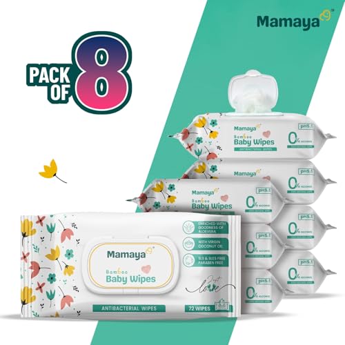 Image of Mamaya Bamboo Baby Wipes (Pack of 8) | Enriched with Virgin Coconut Oil & Aloe Vera | pH 5.5 Alcohol-Free Wipes for New Born Baby | Wet Wipes for Baby Combo Offers