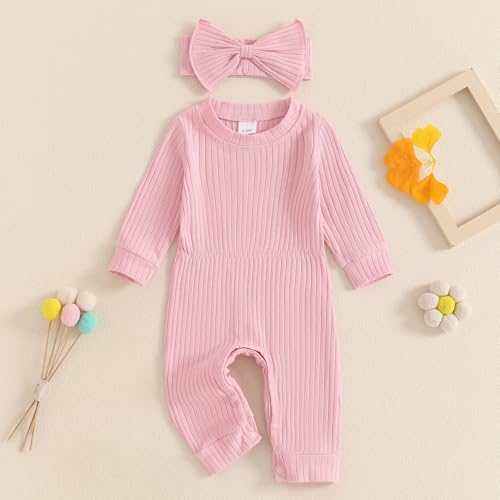 Newborn Baby Girl Fall Outfits Long Sleeve Ribbed Romper Jumpsuit with Headband Set Infant Girl Clothes2