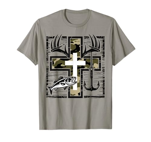 Faith Fishing Hunting Camo Cross with Hook Bass Christian T-Shirt