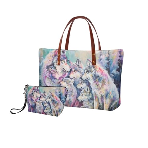 Image of Wolf Women's Purse and Wallet Set - Large Top Handle Tote, Shoulder Satchel with Make Up Bag, Hobo Handbag for Work and Shopping