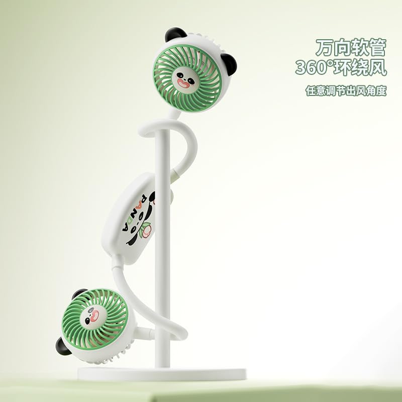 Image of DEOXY Panda Design Neck Fan, Dual Head Hands-Free Wearable Fan, USB Rechargeable, White and Green, Women, Men, Kids
