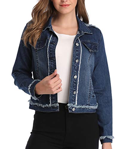 Womens Classic Denim Jacket Button Up Long Sleeves Cropped Distressed Jean Jacket (Large, Deep Blue1)