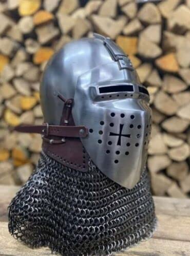 Steel Medieval Knight Viking ROA Bascinet Cross Design Chainmail Helmet