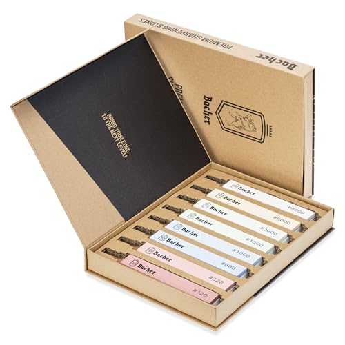 Piedra BACHER para afilar cuchillos con sistema de corindón - Juego de 8 piedras #120 - #8000 - Para sistemas de afilado de ángulo fijo Apex Edge, Ruixin y KKmoon