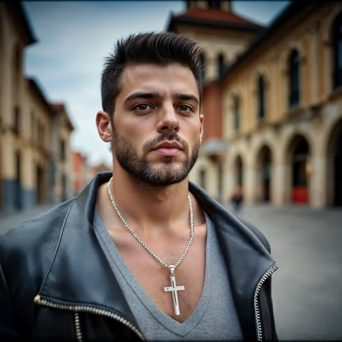 US Jewels Men's XL 925 Sterling Silver Double Christian Cross Pendant, 50mm2