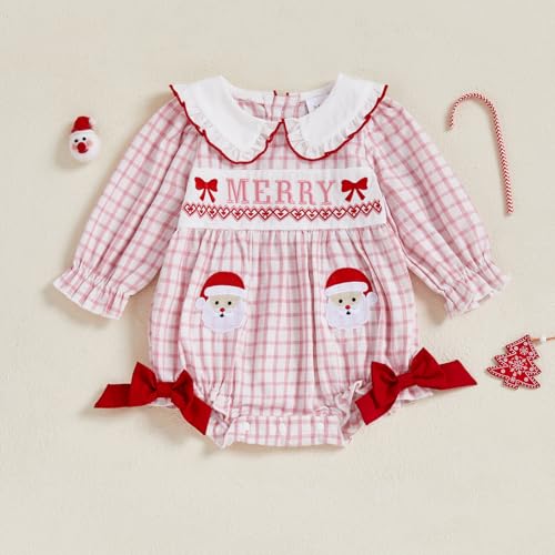 Newborn Baby Girl Christmas Outfit Santa Claus Embroidered Long Sleeve Romper Infant girl Plaid Bubble Outfits3