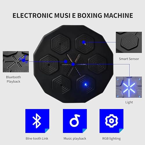 Image of Music Boxing Machine Wall Mounted Bluetooth Smart Electronic Fun Punch Boxing Trainer Wall Target Punching Pads Suitable for Home Exercise 6 Lights & Bluetooth for Adults /Home (SS-09)