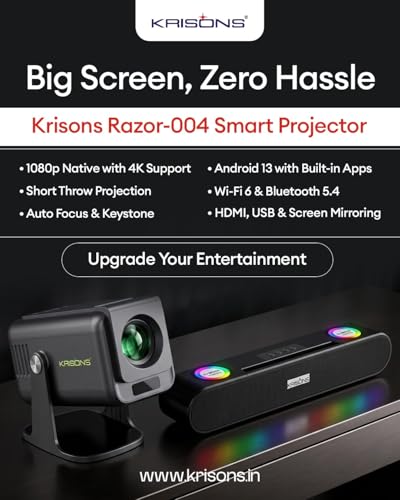 Image of Krisons-Zytel 002 Smart Android Projector with Free 20 Watts SoundBar, WiFi 6 & 5.4 Bluetooth| Full HD Supprot |Upto 200 inch Screen|Auto Focus /Keystone |Built in Apps /MIRRORING| Home Theatre Bundle