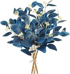 Betylifoy 6pcs Artificial Eucalyptus Stems, Blue Faux Eucalyptus Leaves Greenery Stems Fake Branches Silver Dollar Plant for Home Indoor Vase Flower Arrangement Party Decor (Blue)