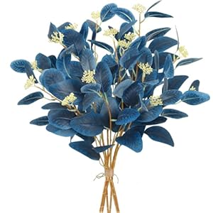 6pcs Artificial Eucalyptus Stems, Blue Faux Eucalyptus Leaves Greenery Stems Fake Branches Silver Dollar Plant for Home Indoor Vase Flower Arrangement Party Decor (Blue)