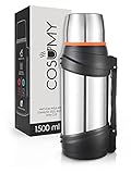 Thermosflasche 1,5l mit Becher für Unterwegs - Auslaufsicher - Robuster Griff & Tragegurt - Für Kaffee & Tee