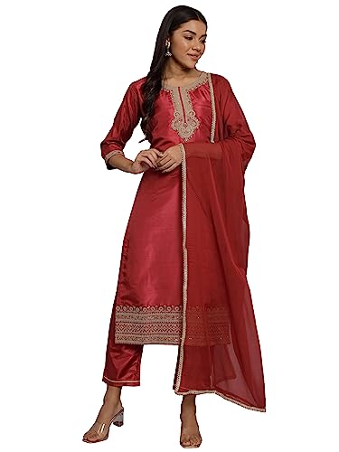 Image of VredeVogel Women's Silk Blend Embroidered Kurta with Pant & Nazneen Dupatta Set