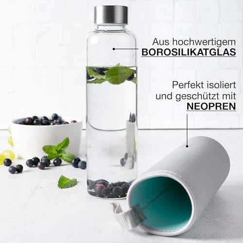 Moritz & Moritz Trinkflasche Glas 500ml - Für Kohlensäure geeignet und Auslaufsicher - Glasflasche für Sport, Schule, Uni oder Arbeit - Mit schützendem Wendebezug aus Neopren