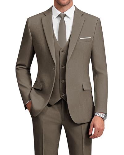 WULFUL Mens Suit 3 Piece Slim Fit Suits for Men One Button Blazer Jacket Pants Tuxedo Suit Set for Prom, Wedding and Business Brown