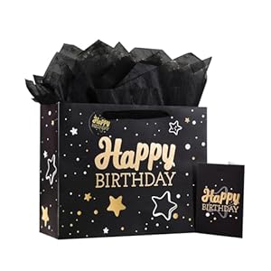 Black Birthday Gift Bag with Tissue Paper and Greeting Card, 13’x10.2’x4.9′, Medium (1-Piece Set, Black Starry Sky, Unisex, Includes Card, Ribbon, Crinkle Paper)