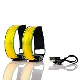 LOT DE 2 BRASSARDS RECHARGEABLES À LED Sécurité de nuit haute visibilité - Réfléchissant pour sport, running, jogging, cyclisme, vélo, marche - Lumière fixe ou clignotante - Charge par USB (jaune)