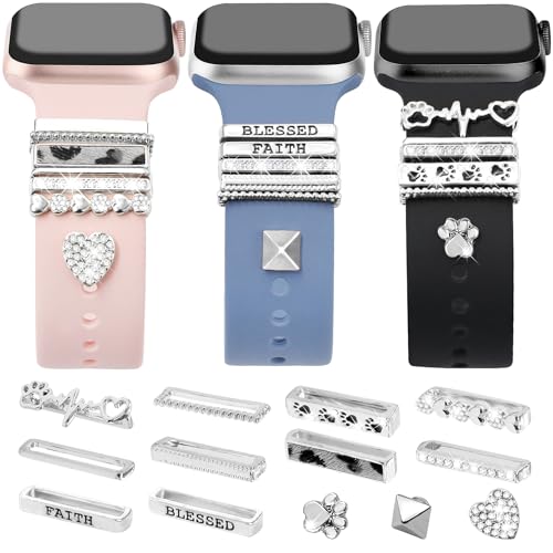 JR.DM 13 Pieces Sliver Watch Band Charms with 10-Pcs Decorative Rings Loops & 3-Pcs Decoration Compatible with Apple Watch Band Metal Diamond Sliding Accessories for iWatch Series 9 8 7 6 5 4 3 2 1