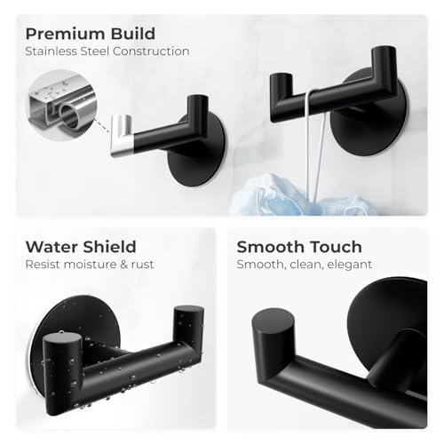GWAAZXGZ 2 Pack Black Bathroom Hooks for Towels - Self Adhesive Double Hooks for Wall, No Drilling, Matte Finish, Strong Hold for Robes, Coats, Shower Use by GWAAZXGZ - Image 5