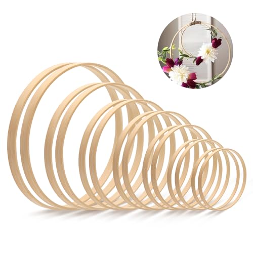14 Aros de Madera de Bambú, 7 tamaños Anillos de Madera de Bambú, Macramé Aros de Madera para Atrapasueños, Manualidades, Corona de Boda y Manualidades para Colgar en la Pared, 8 10 13 15 17 18 20 cm