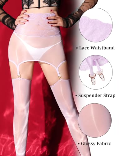 Image of FEOYA Women's Oil Shiny Lace Top Garter Pantyhose with Shimmer Thigh High Stockings Suspender Tights Hosiery (No Thong)