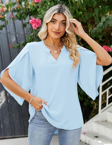 LUYAA Women's Casual Chiffon Blouse Tops 3/4 Ruffled Sleeve V Neck Loose Fit Blouses Shirts3