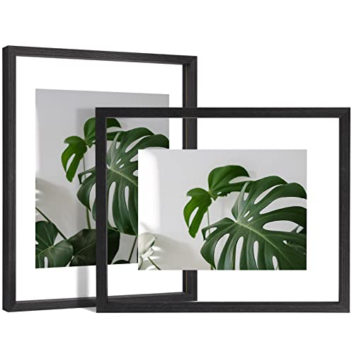 Egofine 11x14 Floating Frames Set of 2 Double Plexiglass Picture Frame Made of Solid Wood Display Any Size Photo up to 11x14 Wall Mount or Tabletop Standing Faded Black