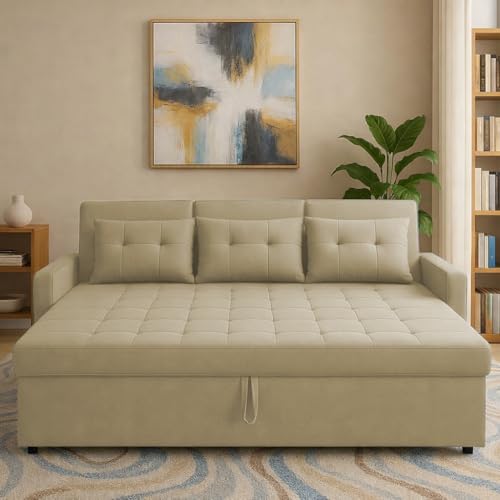 Image of Casaliving Treshta 3 Seater Pull-Out Premium Fabric Sofa Cum Bed Sofa Set for Living Room (Cream Fabric Color) Premium Fabric Sofa Set for Living Room Sofa Cum Bed
