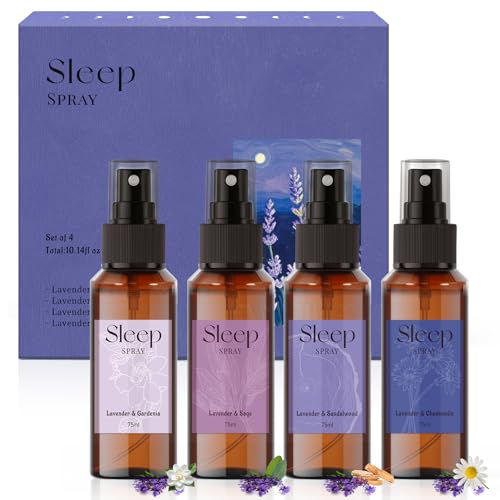 Spray para almohadas para Dormir Set de 75mlx4 Aromas de Lavanda Spray Relajante para Crear un Ambiente Tranquilo en Casa o de Viaje