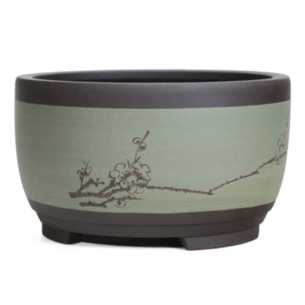 Ceramiczna doniczka bonsai w kształcie bębna z drenażem, orientalna, ręcznie malowana doniczka z motywem kwiatu śliwy, szeroka, okrągła, gliniana doniczka na sukulenty i rośliny do,Green-14cm*17cm
