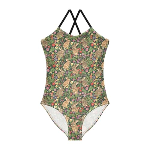 senya Girls Swimsuits One-Piece Swimwear Tie Bathing Suit Beach Summer Round Neck 7-8T Flower Rabbit Pattern