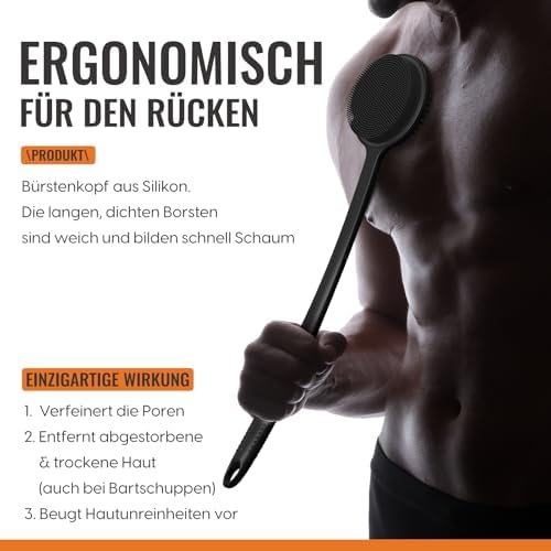 Silikon Rückenschrubber für Die Dusche, Silikon Körperschrubber mit Langem Griff, Rückenschrubber, Abgestorbene Haut entfernen und Massage Können Mehr Schaum Erzeugen (Schwarz)