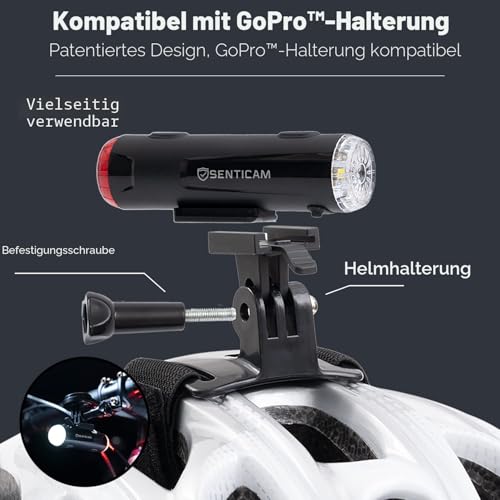 Senticam Fahrradhelm-Licht, USB Wiederaufladbar, Dual-Lichter Vorne und Hinten, IP66 Wasserdicht, Tragbar, Taschenlampe Mit Laufzeit Bis Zu 86 Stunden
